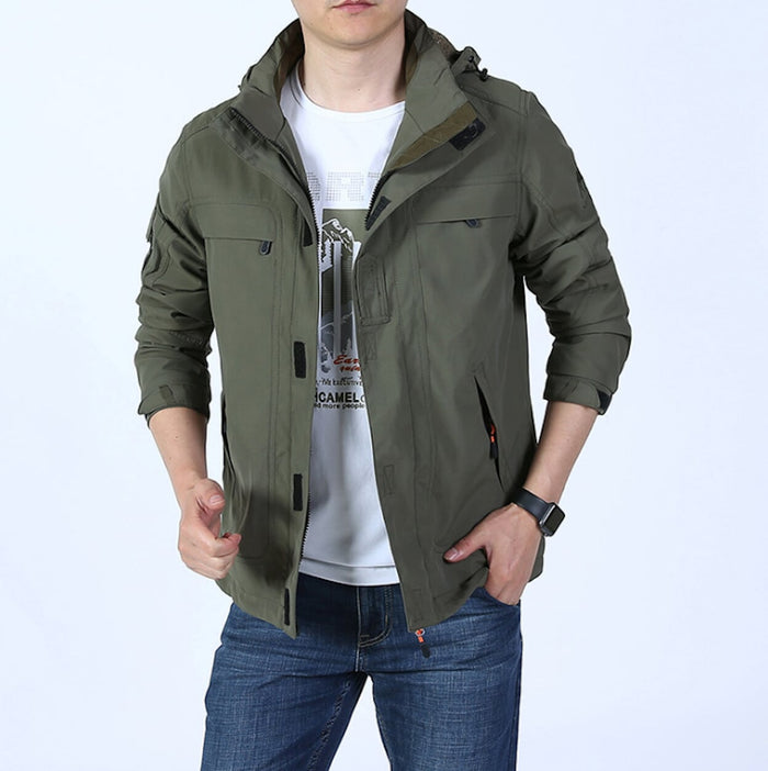 Men's Hooded Zipper Jacket with Detachable Hood: khaki beige, black hooded jacket, casual utility style
