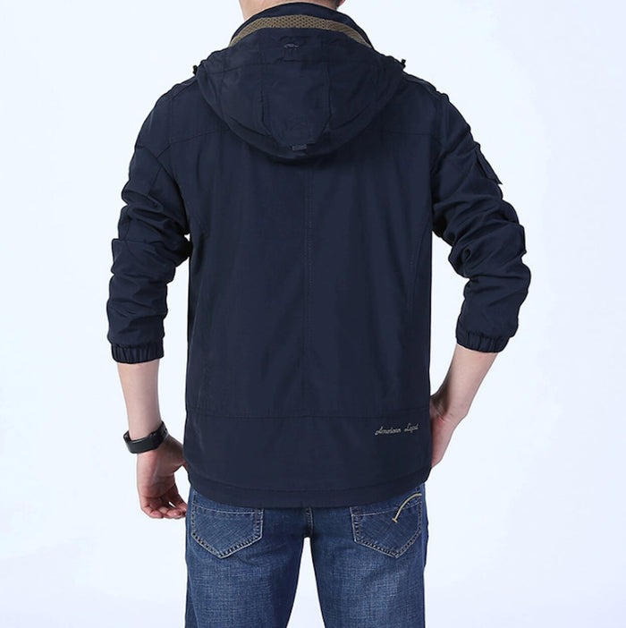 Men's Hooded Zipper Jacket with Detachable Hood: khaki beige, black hooded jacket, casual utility style