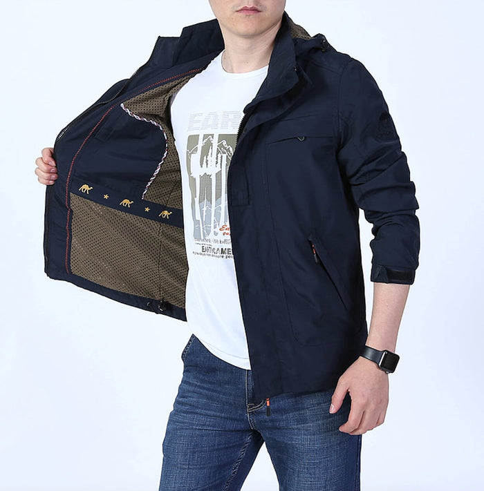 Men's Hooded Zipper Jacket with Detachable Hood: khaki beige, black hooded jacket, casual utility style