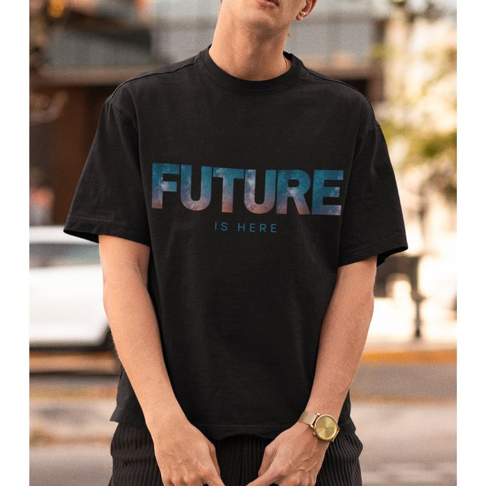 Men's Logo T-Shirt: Embrace the Future: black, blue text: "FUTURE IS HERE", minimal graphic streetwear style