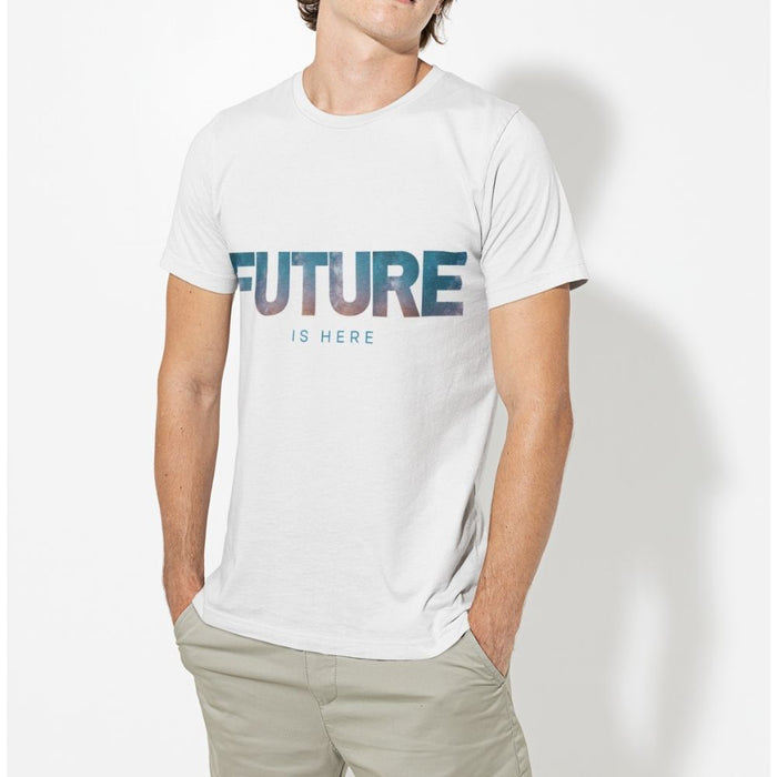 Men's Logo T-Shirt: Embrace the Future: black, blue text: "FUTURE IS HERE", minimal graphic streetwear style