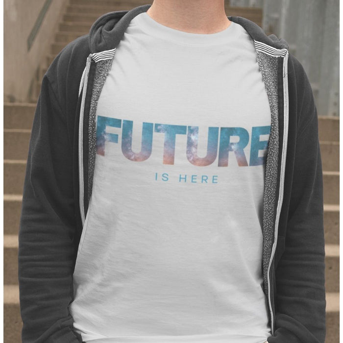 Men's Logo T-Shirt: Embrace the Future: black, blue text: "FUTURE IS HERE", minimal graphic streetwear style
