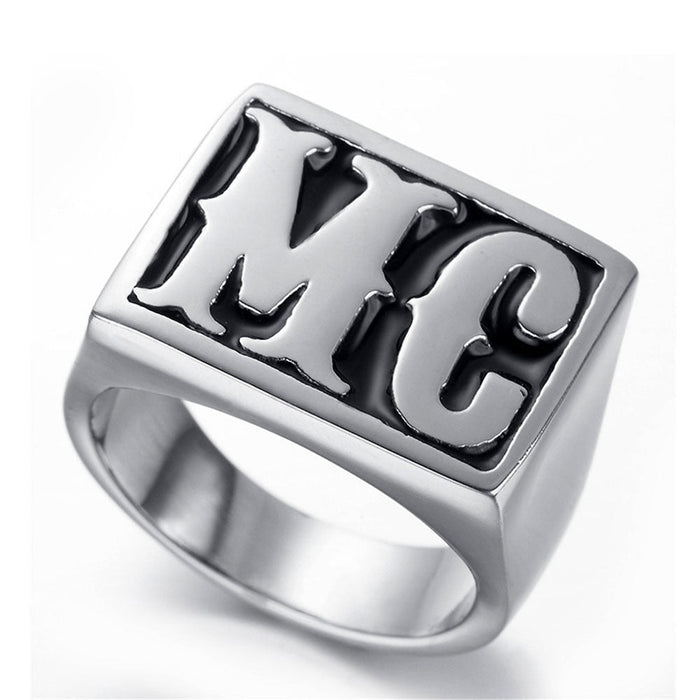 Men's Motorcycle Band: silver, black letter monogram, bold monogram signet style