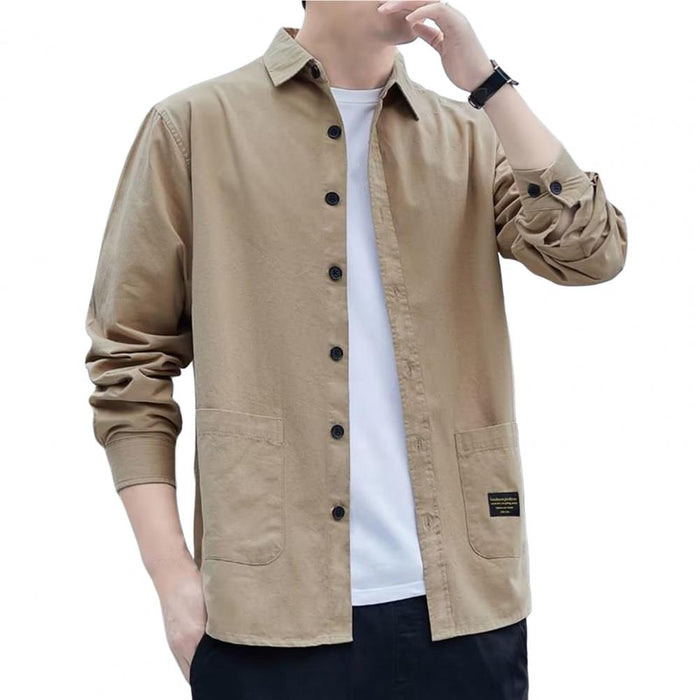 Men's Pocketed Button-Up Shirt: khaki beige, black long-sleeve button-up shirt, casual minimal style