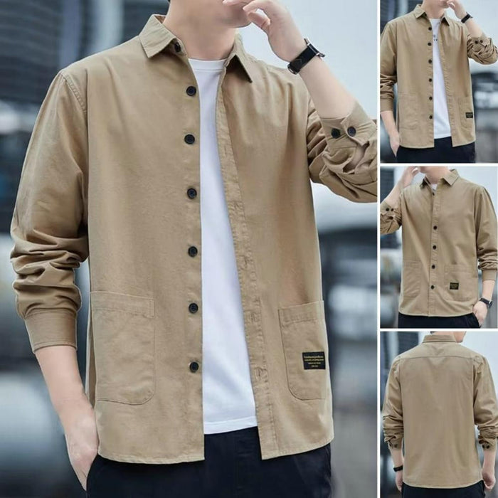 Men's Pocketed Button-Up Shirt: khaki beige, black long-sleeve button-up shirt, casual minimal style