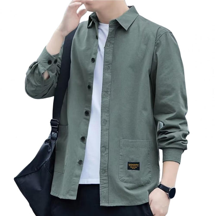 Men's Pocketed Button-Up Shirt: khaki beige, black long-sleeve button-up shirt, casual minimal style