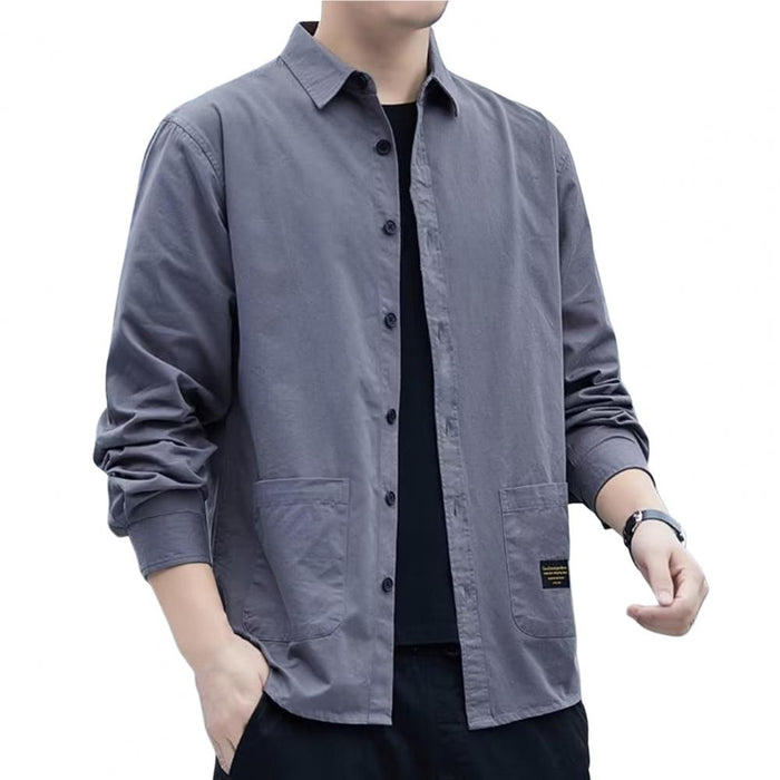 Men's Pocketed Button-Up Shirt: khaki beige, black long-sleeve button-up shirt, casual minimal style