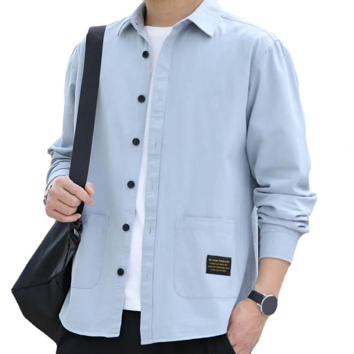 Men's Pocketed Button-Up Shirt: khaki beige, black long-sleeve button-up shirt, casual minimal style