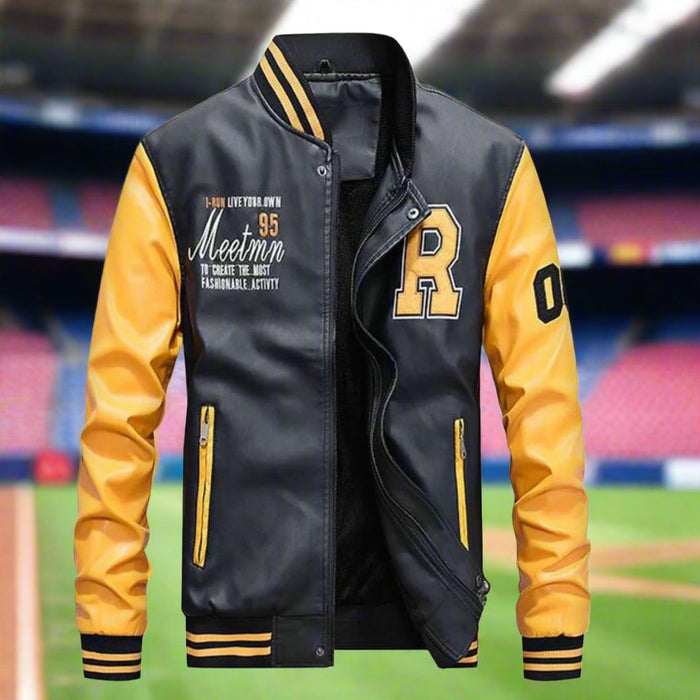Men's Synthetic Leather Baseball Jacket: black, yellow varsity-style jacket, varsity, sporty style