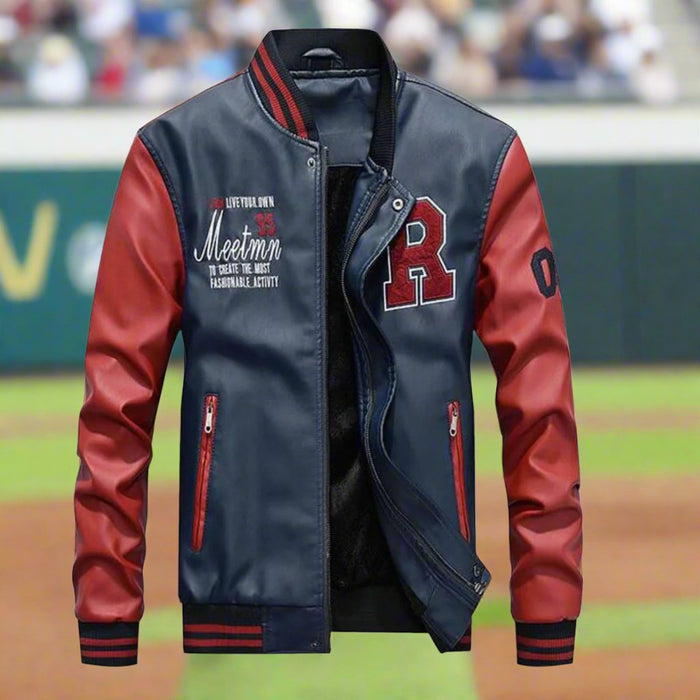 Men's Synthetic Leather Baseball Jacket: black, yellow varsity-style jacket, varsity, sporty style