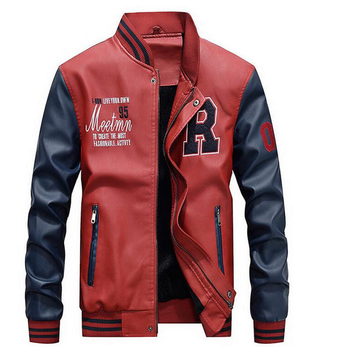 Men's Synthetic Leather Baseball Jacket: black, yellow varsity-style jacket, varsity, sporty style