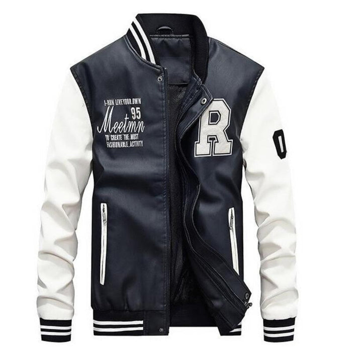 Men's Synthetic Leather Baseball Jacket: black, yellow varsity-style jacket, varsity, sporty style
