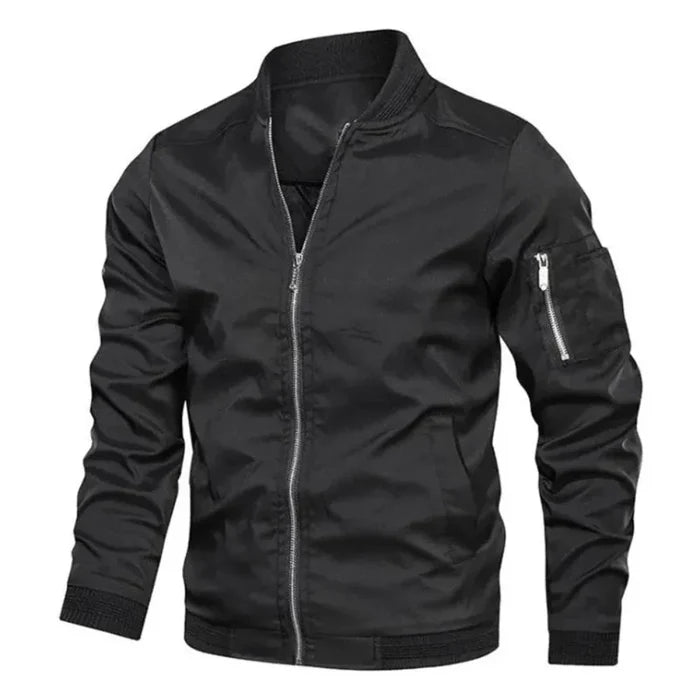 Men's Windproof Zippered Jacket: black, silver zip-front bomber jacket, minimal utilitarian bomber style