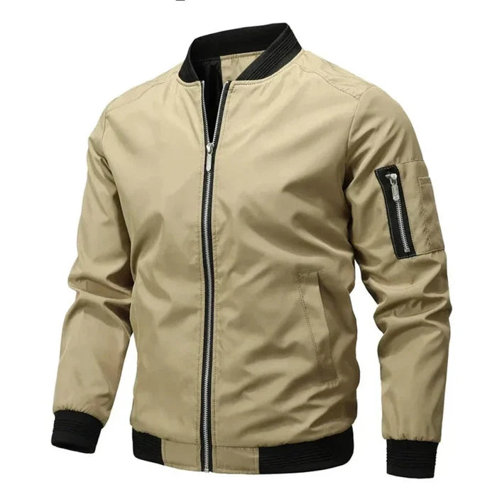 Men's Windproof Zippered Jacket: black, silver zip-front bomber jacket, minimal utilitarian bomber style