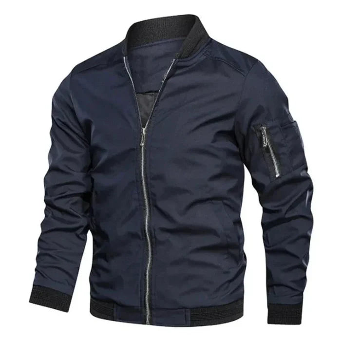 Men's Windproof Zippered Jacket: black, silver zip-front bomber jacket, minimal utilitarian bomber style