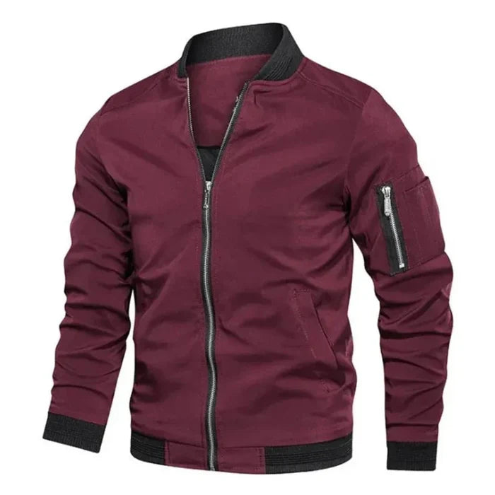 Men's Windproof Zippered Jacket: black, silver zip-front bomber jacket, minimal utilitarian bomber style