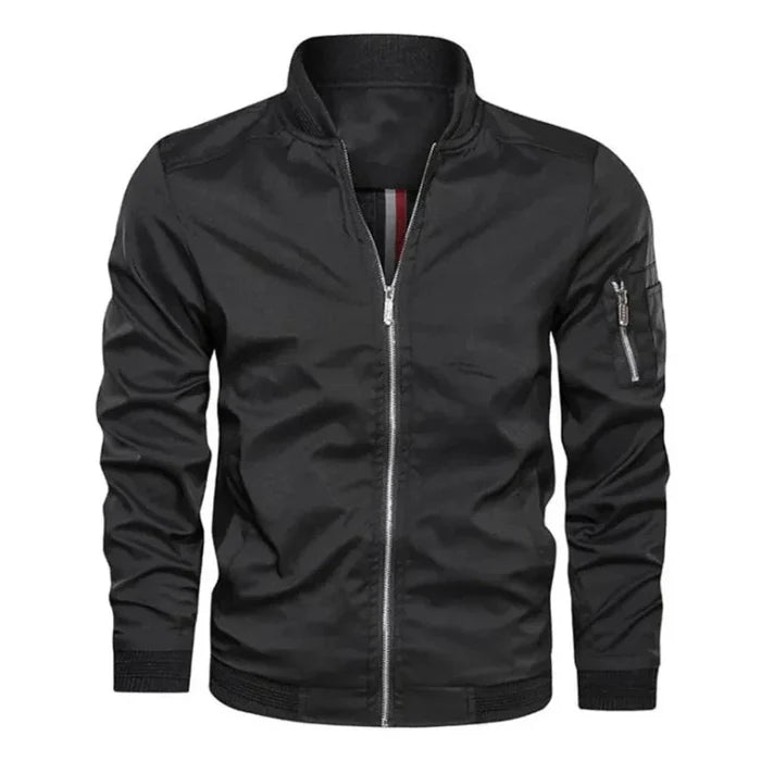 Men's Windproof Zippered Jacket: black, silver zip-front bomber jacket, minimal utilitarian bomber style