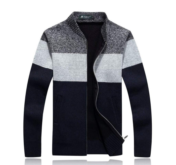 Men's Zip-Up Colorblocked Cardigan: dark navy, gray zip-front knit jacket, casual color-blocked style