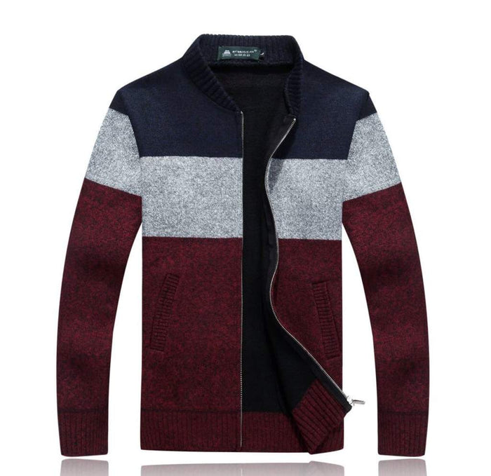 Men's Zip-Up Colorblocked Cardigan: dark navy, gray zip-front knit jacket, casual color-blocked style