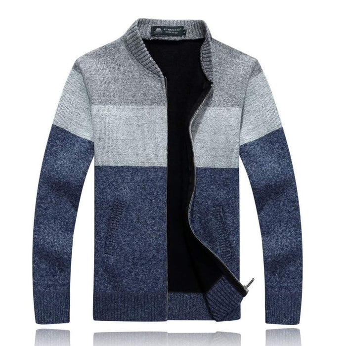 Men's Zip-Up Colorblocked Cardigan: dark navy, gray zip-front knit jacket, casual color-blocked style