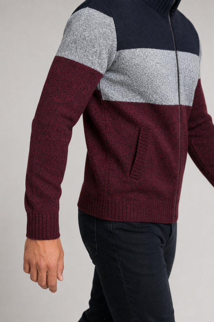 Men's Zip-Up Colorblocked Cardigan Wine