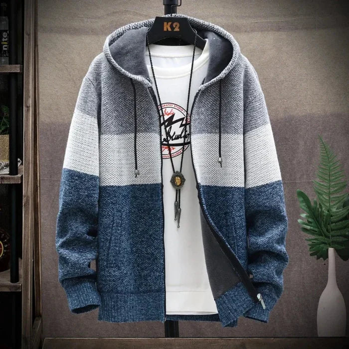 Men's Zip-Up Hooded Sweater Coat: light gray, white hooded zip-front jacket layered over a graphic T-shirt, casual streetwear