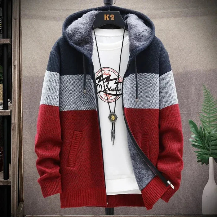 Men's Zip-Up Hooded Sweater Coat: light gray, white hooded zip-front jacket layered over a graphic T-shirt, casual streetwear