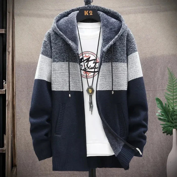 Men's Zip-Up Hooded Sweater Coat: light gray, white hooded zip-front jacket layered over a graphic T-shirt, casual streetwear