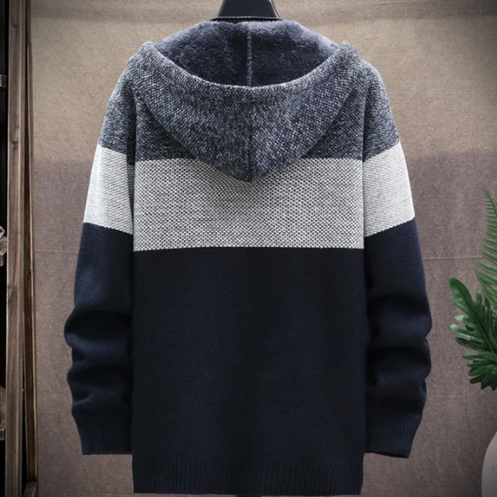 Men's Zip-Up Hooded Sweater Coat: light gray, white hooded zip-front jacket layered over a graphic T-shirt, casual streetwear