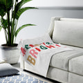 Merry and Bright Plush Holiday Blanket Throw: white, red Christmas holiday theme, festive graphic style