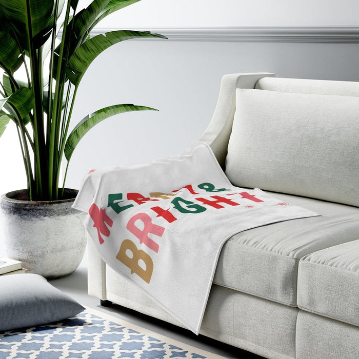 Merry and Bright Plush Holiday Blanket Throw: white, red Christmas holiday theme, festive graphic style