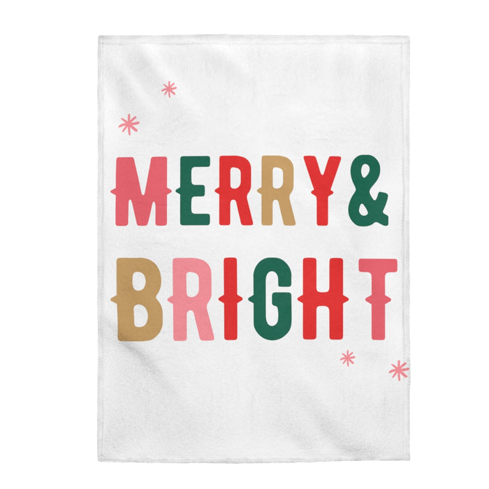 Merry and Bright Plush Holiday Blanket Throw: white, red Christmas holiday theme, festive graphic style