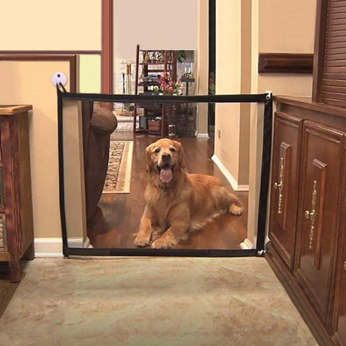 Mesh Pet Gate: Enhance Pet Safety in Style: black, white dog, minimal style
