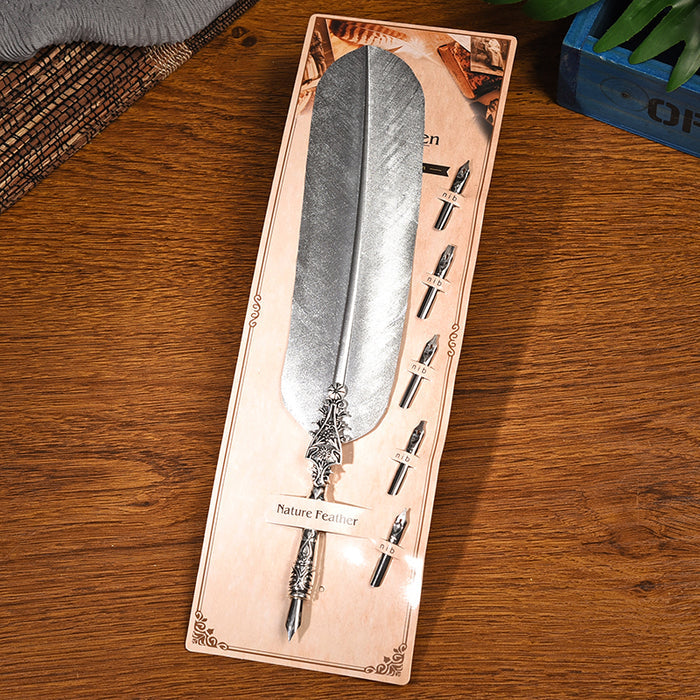 Metal Feather Quill Pen Set: silver, black feather, vintage decorative style