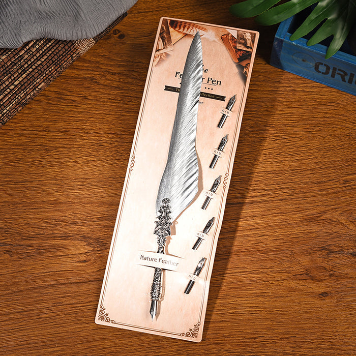 Metal Feather Quill Pen Set: silver, black feather, vintage decorative style