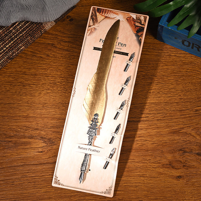 Metal Feather Quill Pen Set: silver, black feather, vintage decorative style