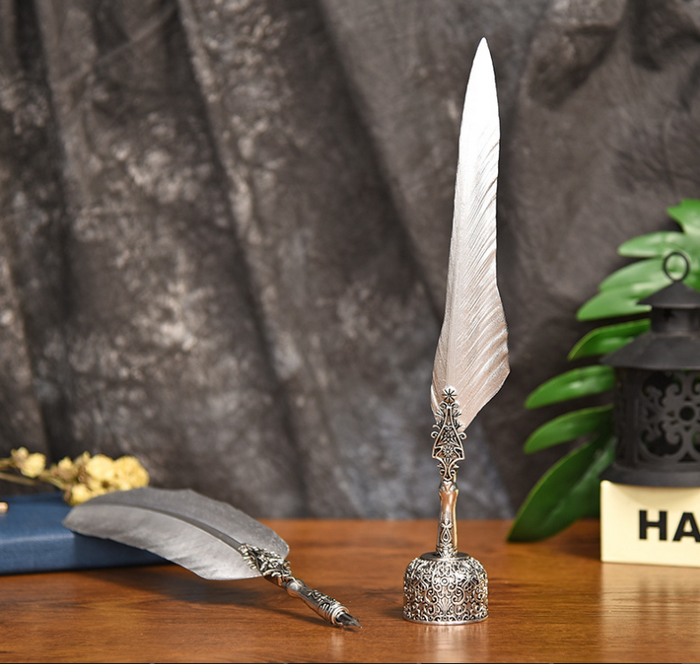 Metal Feather Quill Pen Set: silver, black feather, vintage decorative style