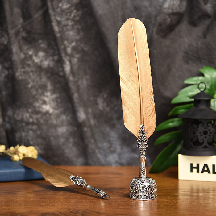 Metal Feather Quill Pen Set: silver, black feather, vintage decorative style