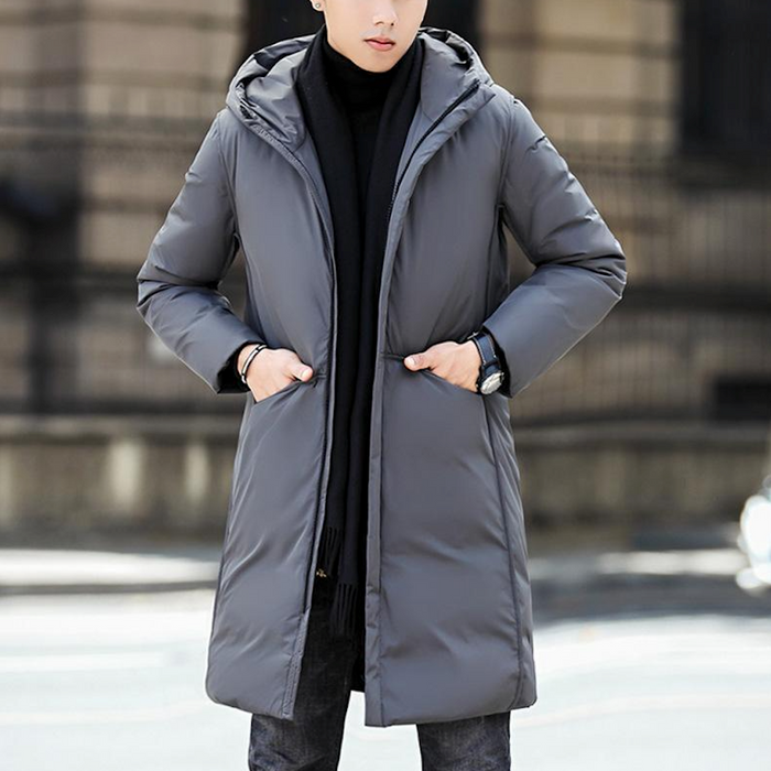 Mid-Length Hooded Men's Puffer Jacket: gray, black hooded long puffer coat, minimal urban style