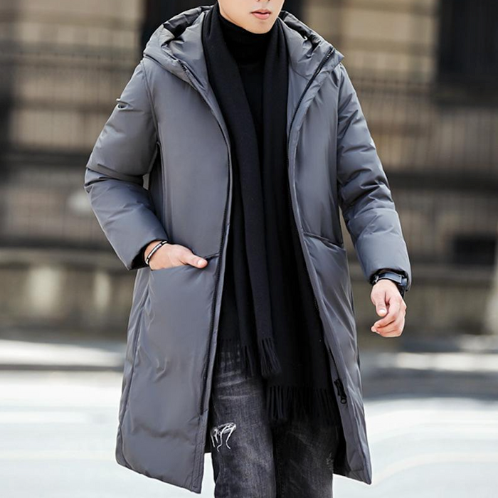 Mid-Length Hooded Men's Puffer Jacket: gray, black hooded long puffer coat, minimal urban style