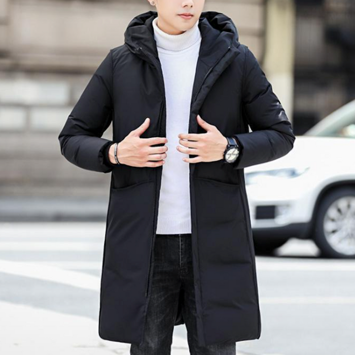 Mid-Length Hooded Men's Puffer Jacket: gray, black hooded long puffer coat, minimal urban style