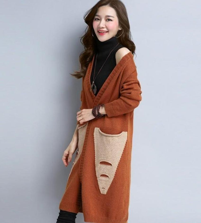 Mid Length Ladies' Cardigan: rust orange, beige long knit cardigan, casual style