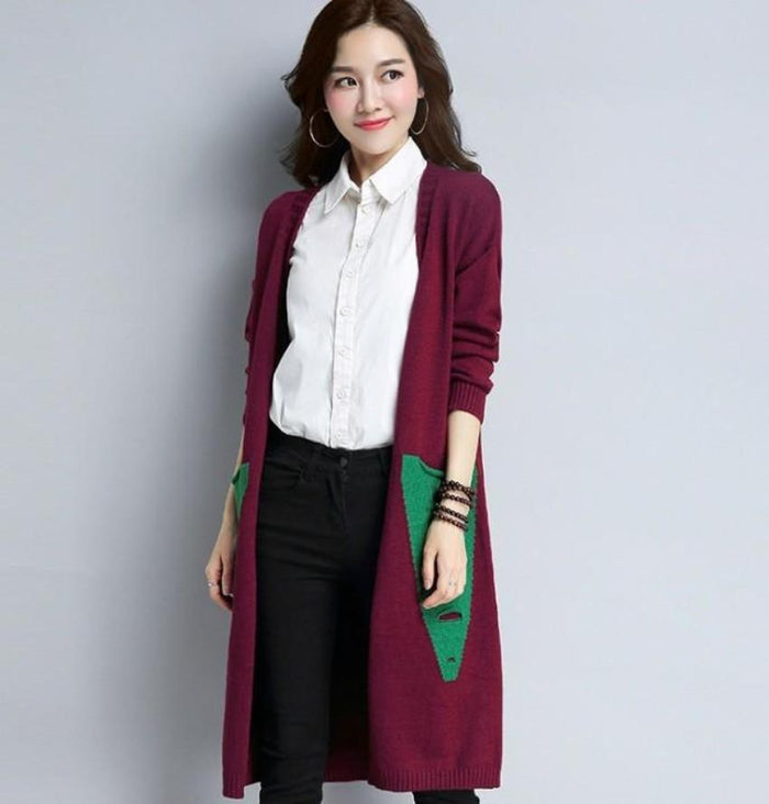 Mid Length Ladies' Cardigan: rust orange, beige long knit cardigan, casual style