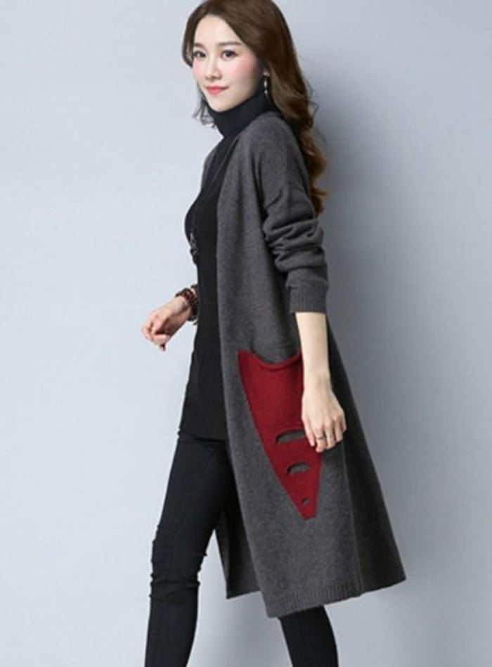 Mid Length Ladies' Cardigan: rust orange, beige long knit cardigan, casual style