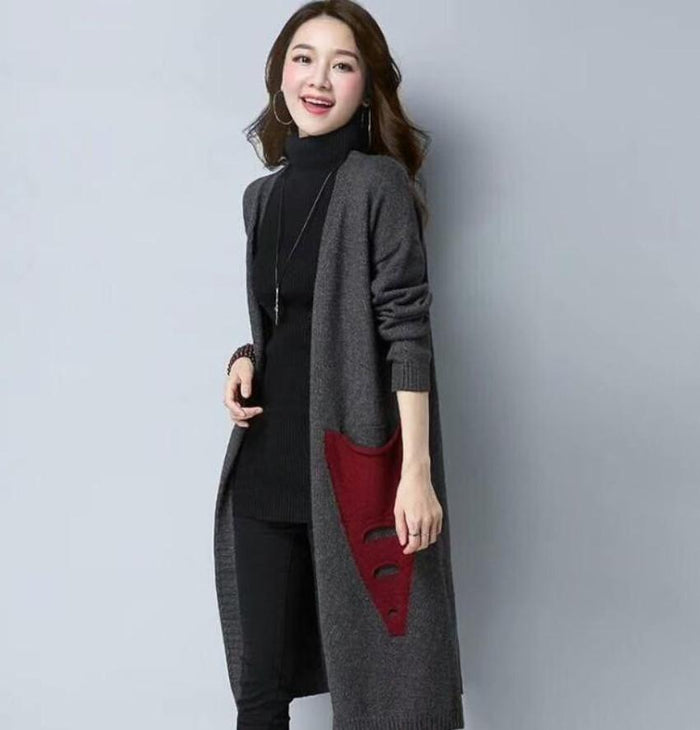 Mid Length Ladies' Cardigan: rust orange, beige long knit cardigan, casual style