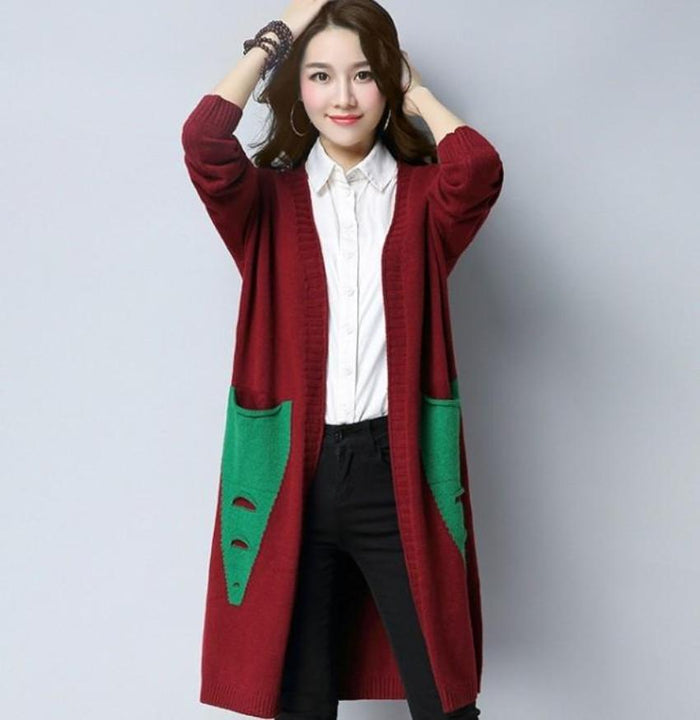 Mid Length Ladies' Cardigan: rust orange, beige long knit cardigan, casual style