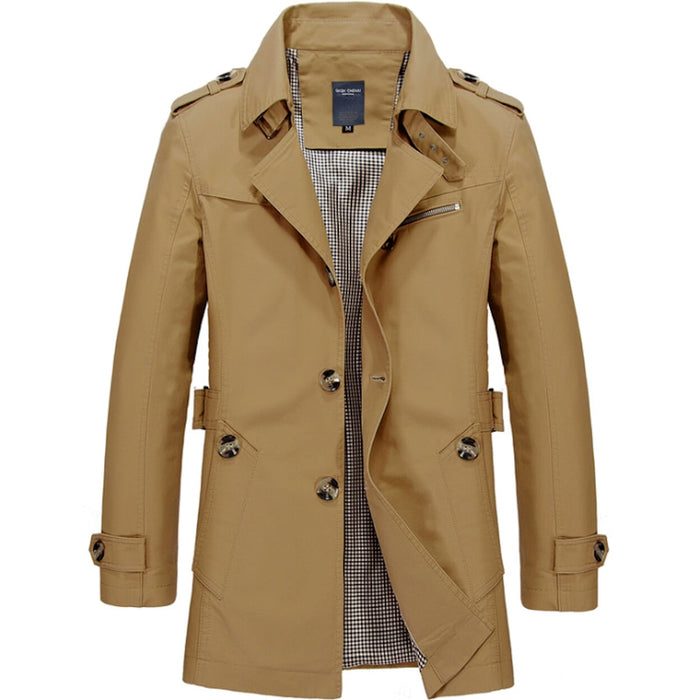 Mid-Length Trench Coat for Men: Enhancing Style and Versatility: tan, khaki coat, casual military-inspired style