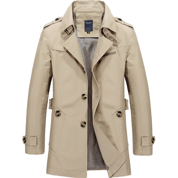 Mid-Length Trench Coat for Men: Enhancing Style and Versatility: tan, khaki coat, casual military-inspired style