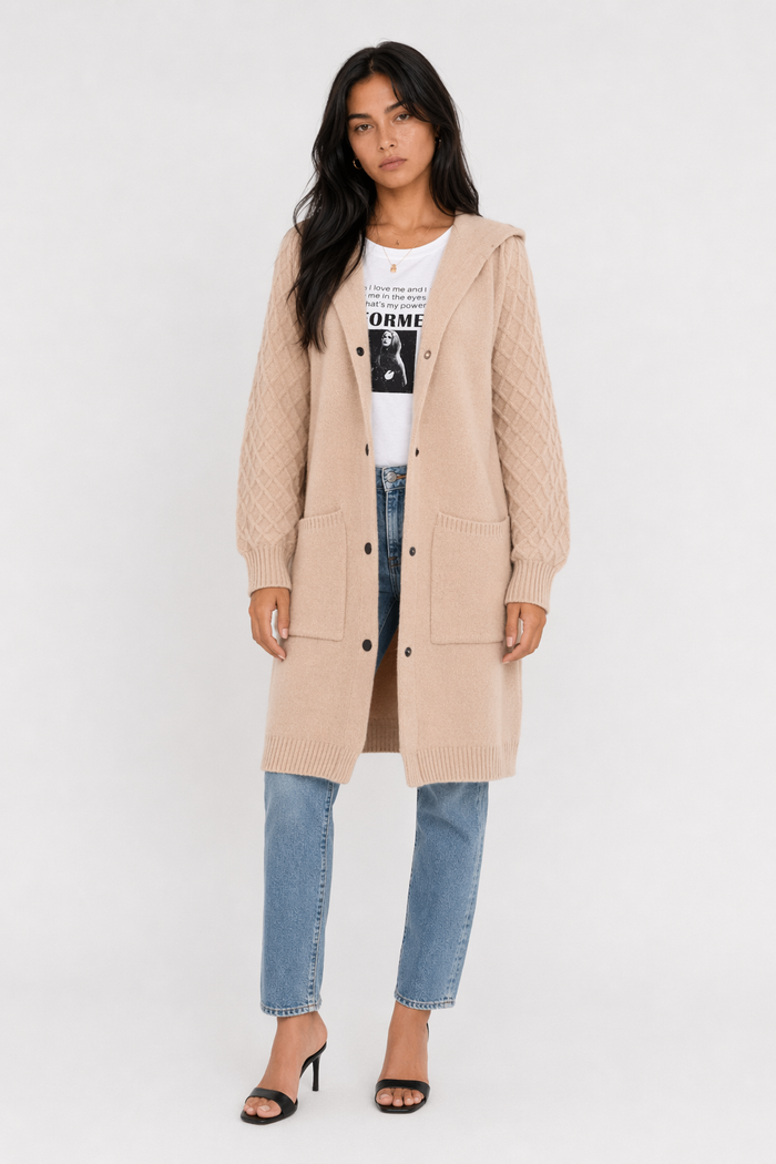 Mid-Length Women's Hooded Cardigan Khaki