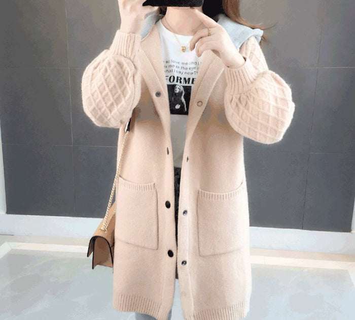 Mid-Length Women's Hooded Cardigan: cream, white hooded knit cardigan, casual style